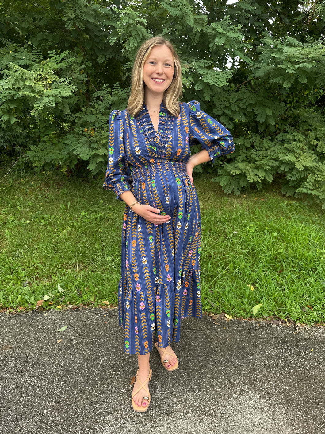 Midnight Mix Striped Floral Print Puff Sleeve Maxi Dress