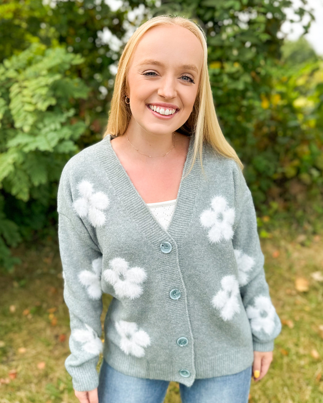 Raised Flower Button Front Cardigan