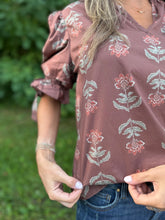 Load image into Gallery viewer, Brown Floral Print Split Ruffle Neck Top
