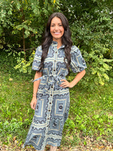 Load image into Gallery viewer, Navy Print Button Up Midi Dress
