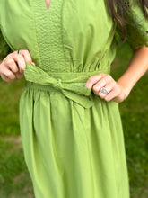 Load image into Gallery viewer, Green Embroidery Eyelet Belted Midi Dress
