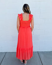 Load image into Gallery viewer, Coral Flutter Sleeve Smocked Midi Dress
