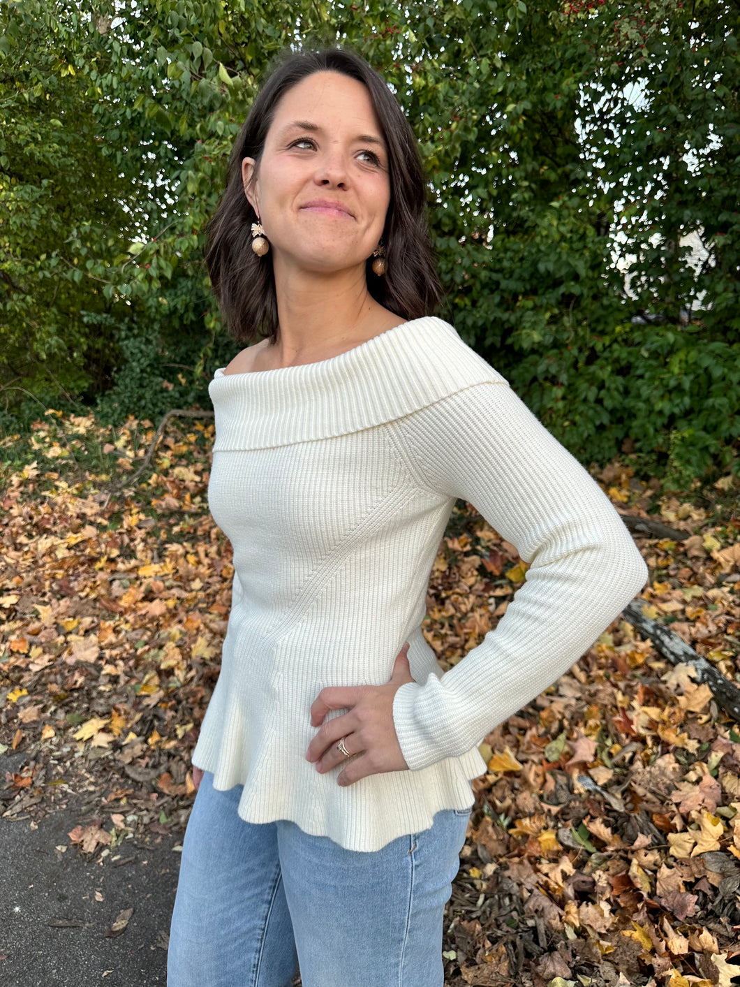 Cream Long Sleeve Off the Shoulder Peplum Top