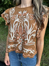 Load image into Gallery viewer, Flutter Sleeve Suede Embroidery Detail Top

