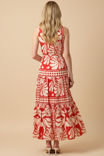Load image into Gallery viewer, Red Floral &amp; Geometric Print Tiered Maxi Dress
