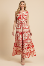 Load image into Gallery viewer, Red Floral &amp; Geometric Print Tiered Maxi Dress
