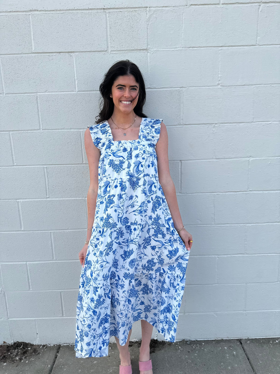 Blue Floral Print Tiered Midi Dress