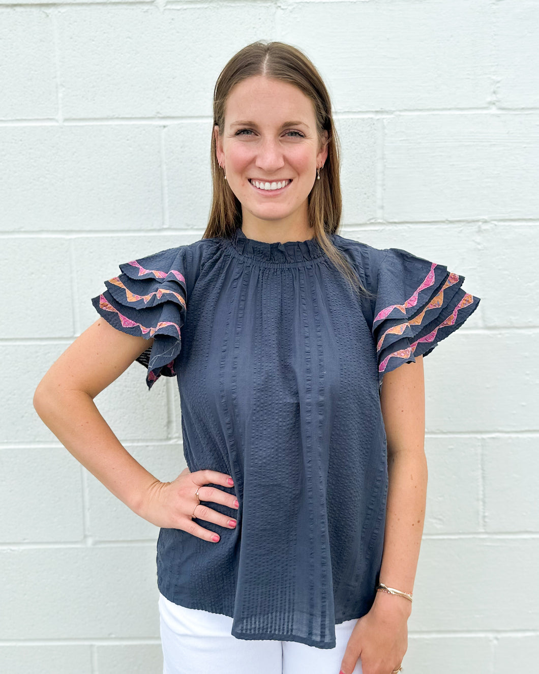 Navy Ruffle Sleeve Top