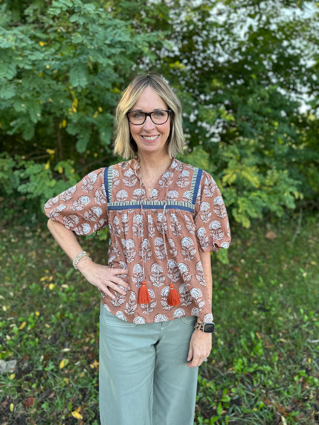 Brown Puff Sleeve Floral Print Tassel Tie Top
