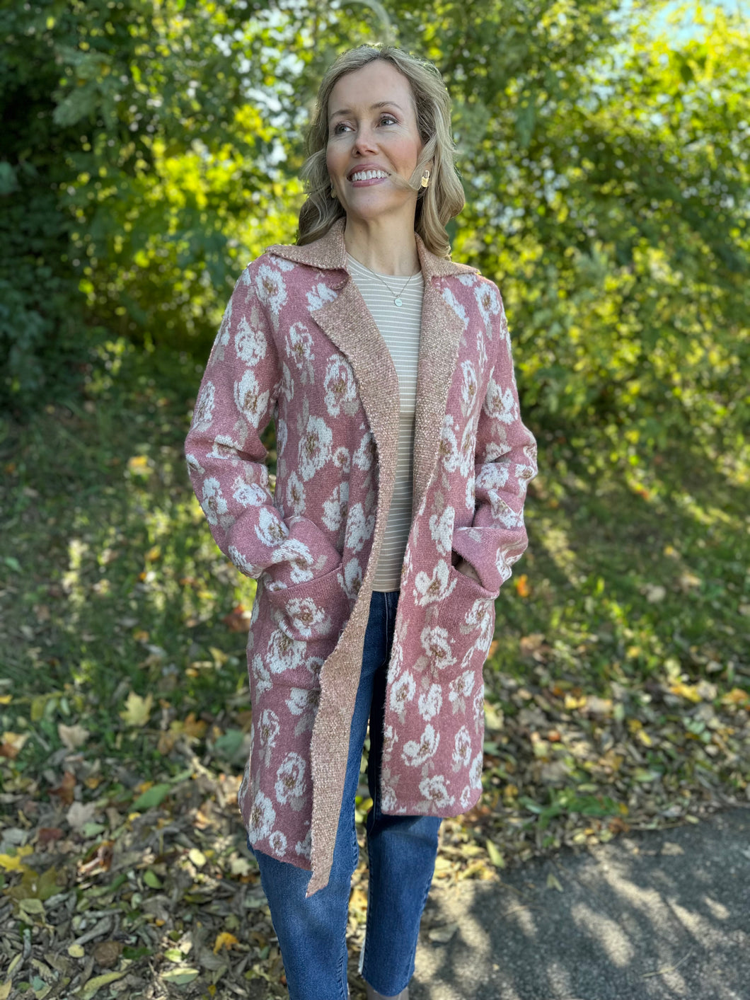 Winter Rose Floral Print Collared Sweater Coat