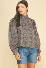 Load image into Gallery viewer, Geometric Floral Ruffled Mock Neck Blouse
