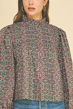 Load image into Gallery viewer, Geometric Floral Ruffled Mock Neck Blouse

