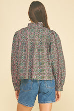 Load image into Gallery viewer, Geometric Floral Ruffled Mock Neck Blouse
