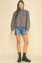 Load image into Gallery viewer, Geometric Floral Ruffled Mock Neck Blouse
