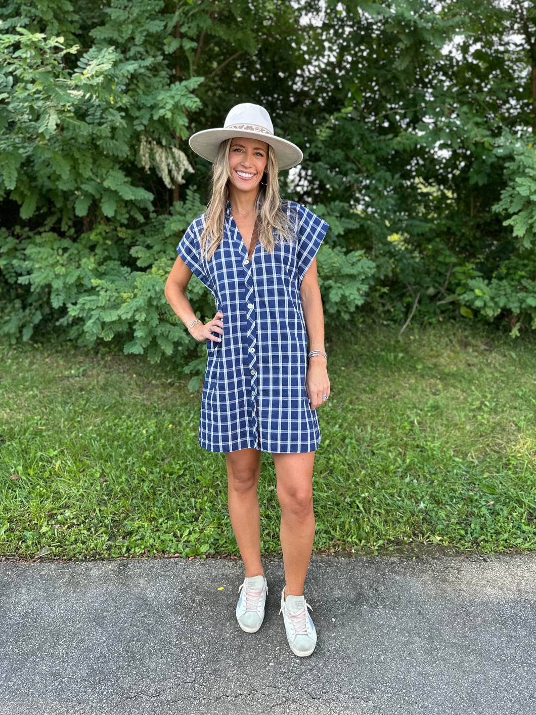 Navy Gingham Short Sleeve Dress