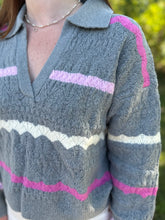 Load image into Gallery viewer, Grey with Pink Stripe Long Sleeve Knit Sweater
