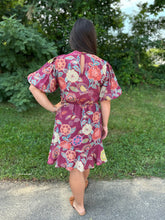 Load image into Gallery viewer, Burgundy Floral Detail Puff Sleeve Dress
