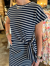 Load image into Gallery viewer, Navy Striped Short Sleeve Midi Dress
