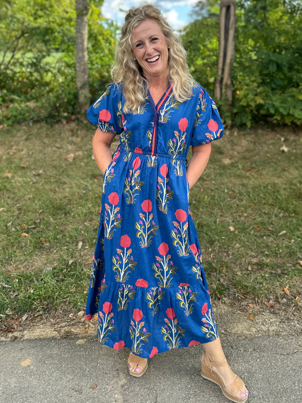 Blue Floral Puff Sleeve Floral Midi Dress