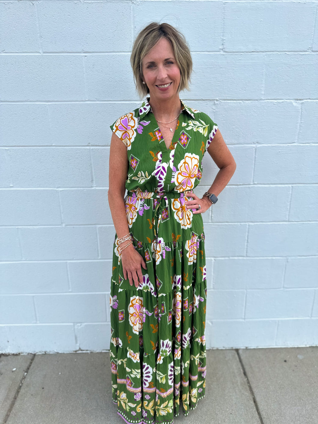 Olive Floral Tiered Maxi Dress
