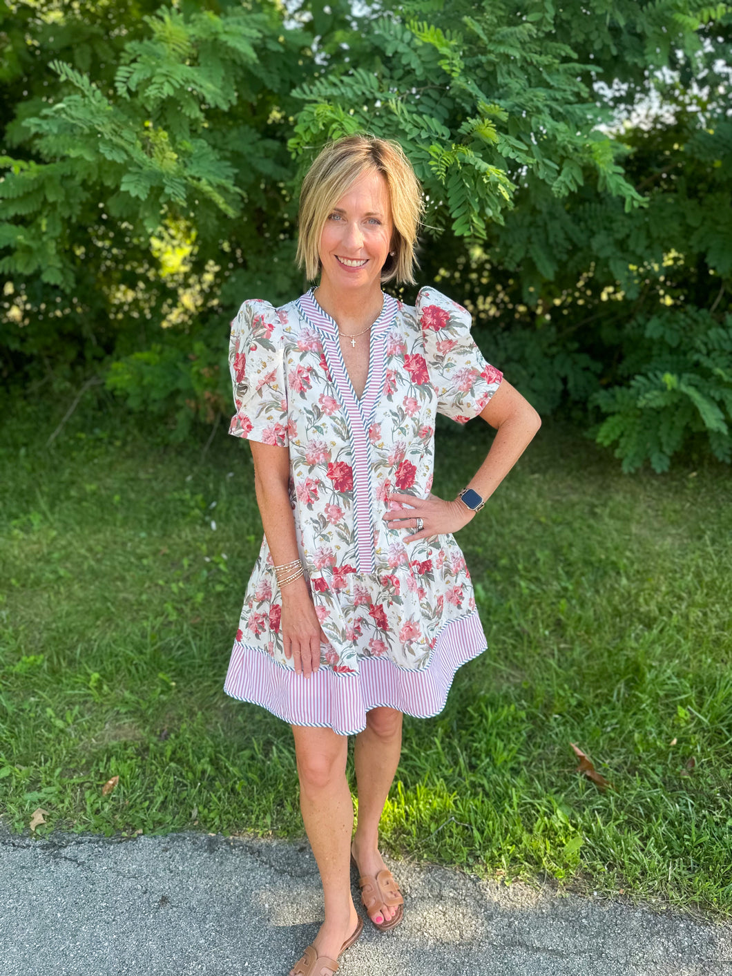Cream Floral Pleated Puff Short Sleeve Dress