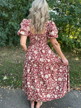 Load image into Gallery viewer, Burgundy Floral Square Neck Midi Dress
