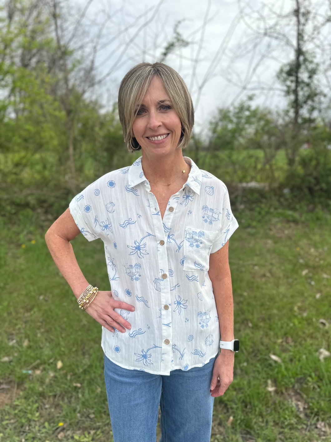 Light Blue Beach Print Collared Top