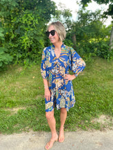 Load image into Gallery viewer, Navy Abstract Ruffled Neck Mini Dress
