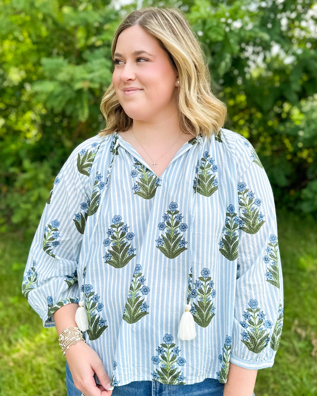 Blue Striped Flower Print Top