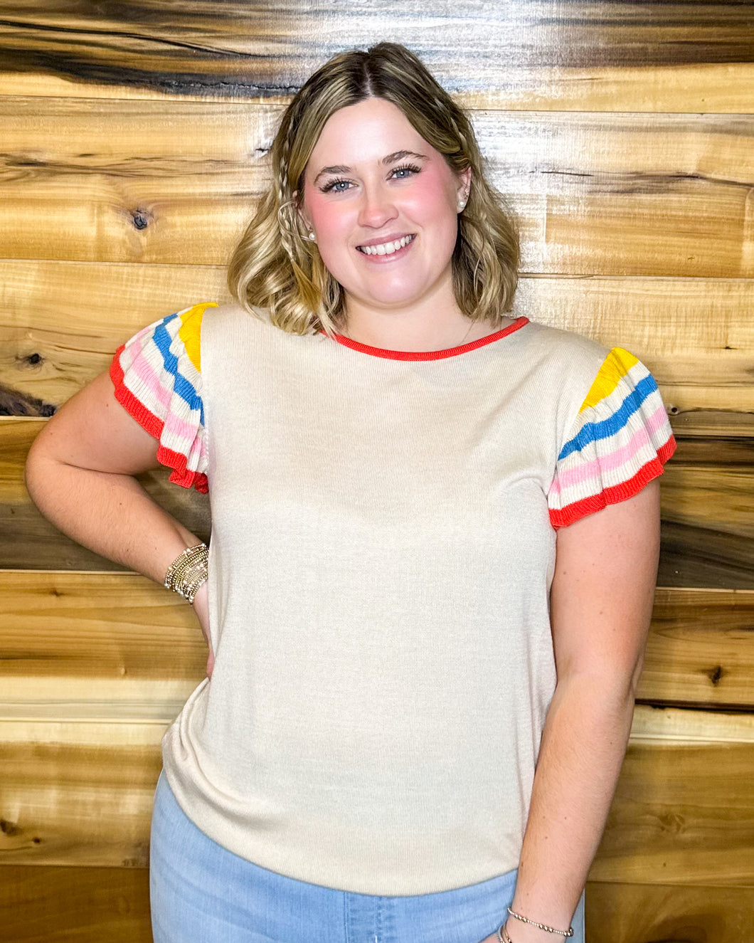 Tan Ribbed Striped Sleeve Top