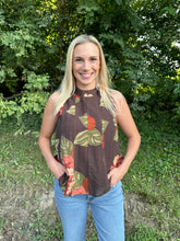 Load image into Gallery viewer, Brown Sleeveless Floral Flowy Top

