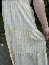 Load image into Gallery viewer, Yellow Stripe Floral Flounce Strap Midi Dress
