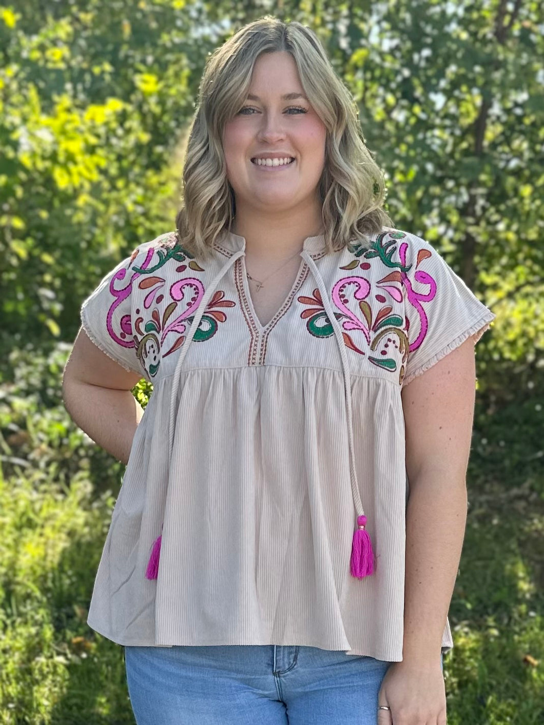 Embroidered Tassel Tie Top