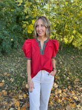 Load image into Gallery viewer, Holiday Plaid Trim V Neck Top
