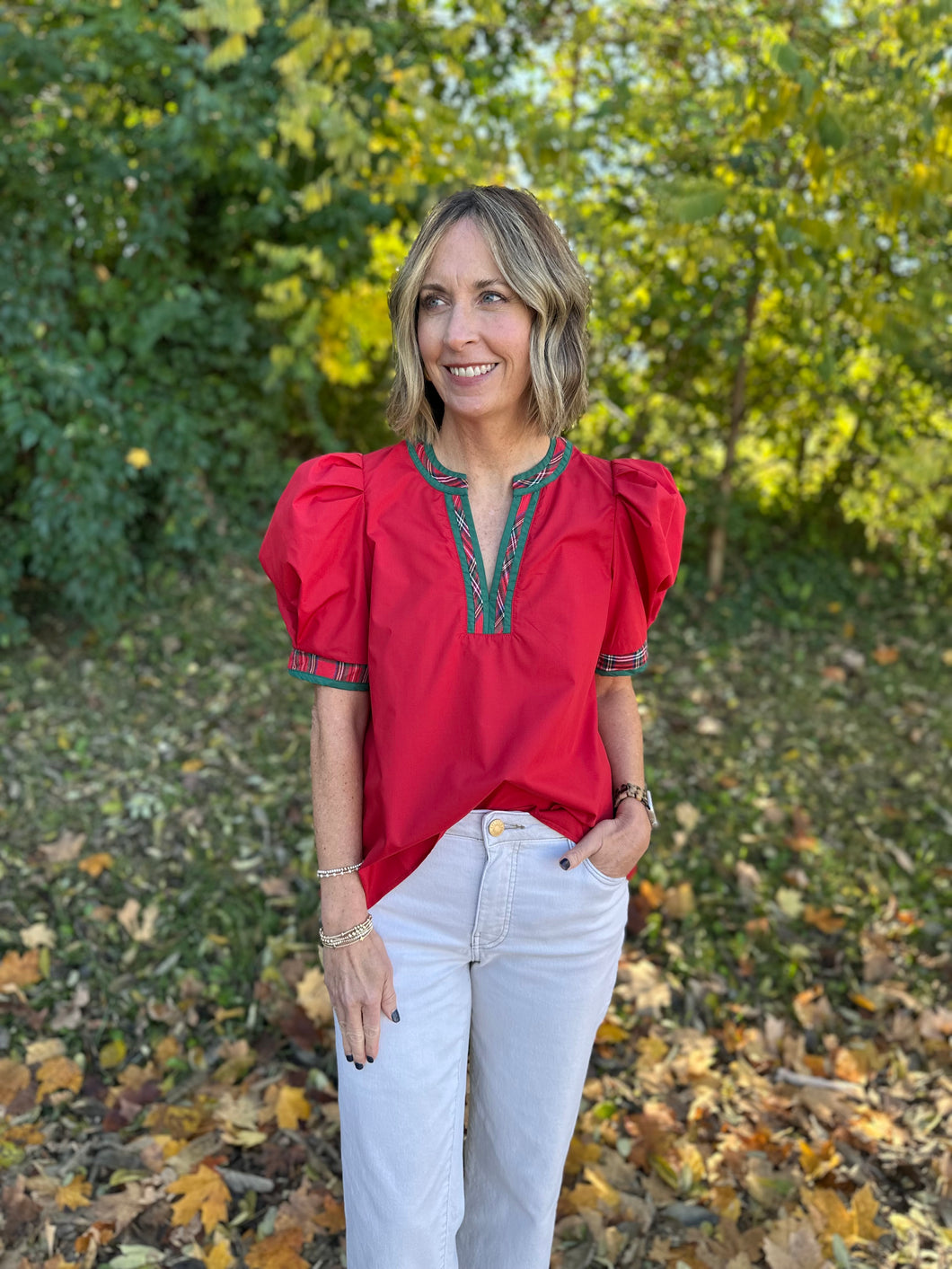 Holiday Plaid Trim V Neck Top