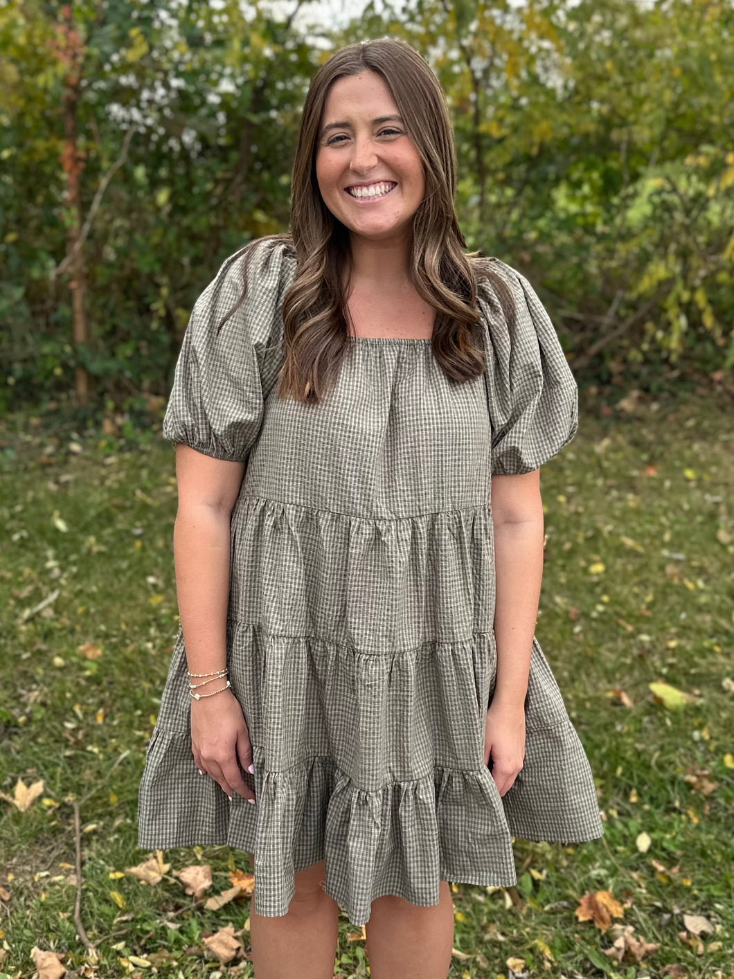 Olive Gingham Puff Sleeve Dress