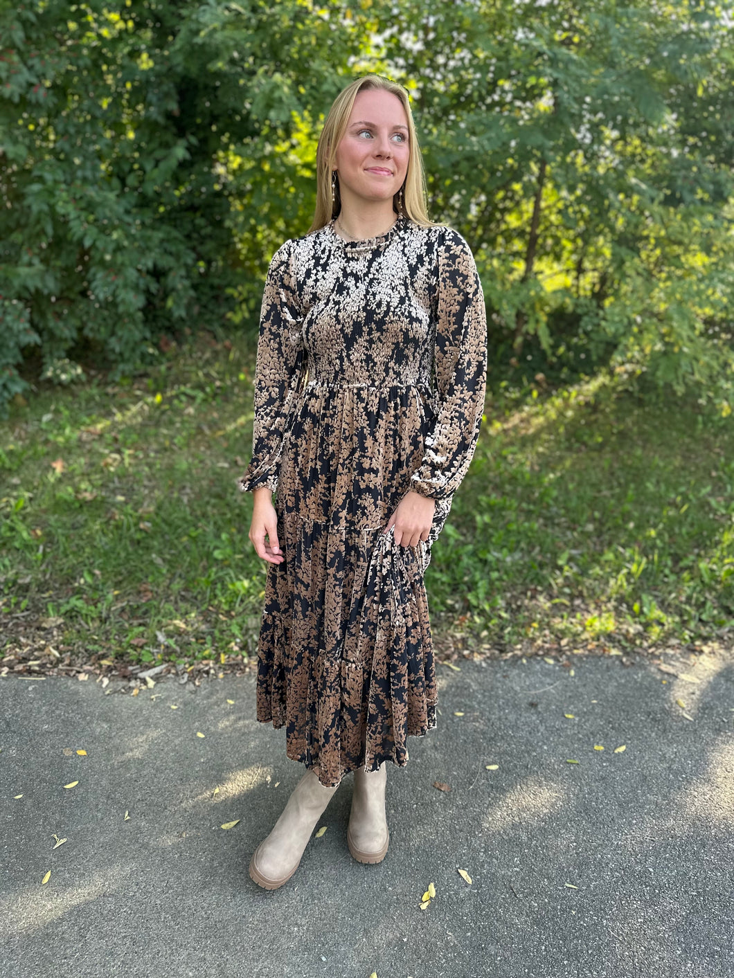 Mesh Velvet Smocked Top Midi Dress￼