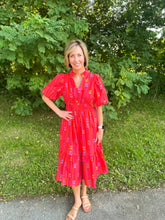Load image into Gallery viewer, Red Smocked Puff Sleeve Midi Dress
