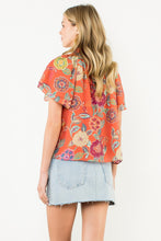 Load image into Gallery viewer, Orange Floral Tie Neck Top

