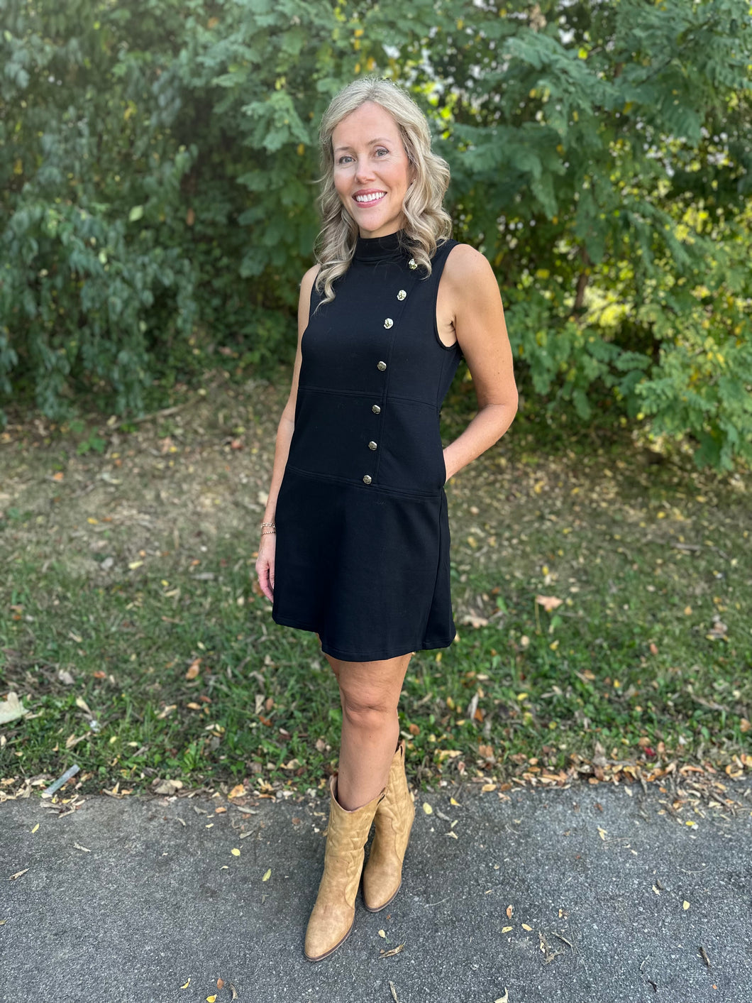 Black High Neck Button Detail Dress