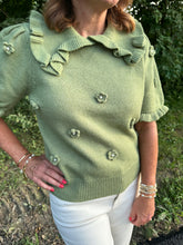 Load image into Gallery viewer, Olive Floral and Pearl Applique Ruffle Sweater
