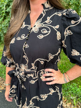 Load image into Gallery viewer, Black &amp; Floral Embroidery Puff Sleeve Midi Dress
