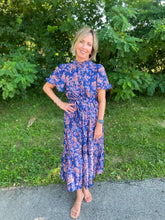 Load image into Gallery viewer, Navy Leaf Flower Print Midi Dress
