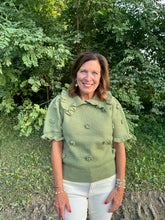 Load image into Gallery viewer, Olive Floral and Pearl Applique Ruffle Sweater
