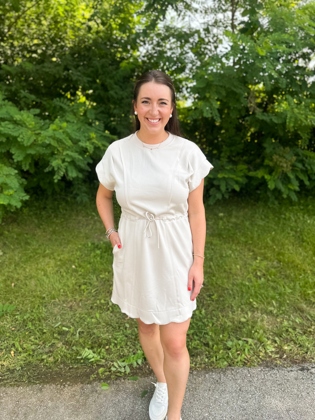 Scallop Hem Drawstring Luxe Knit Dress