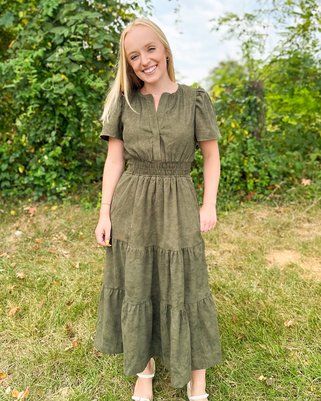 Olive Smocked Waist Tiered Dress