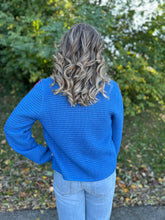 Load image into Gallery viewer, Blue Ribbed Knit Cardigan with Red Trim
