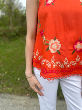 Load image into Gallery viewer, Orange Sleeveless Embroidered Lace Hem Top
