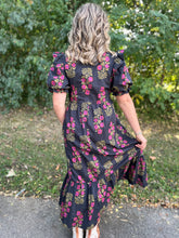 Load image into Gallery viewer, Navy Floral Print Short Puff Sleeve Midi Dress

