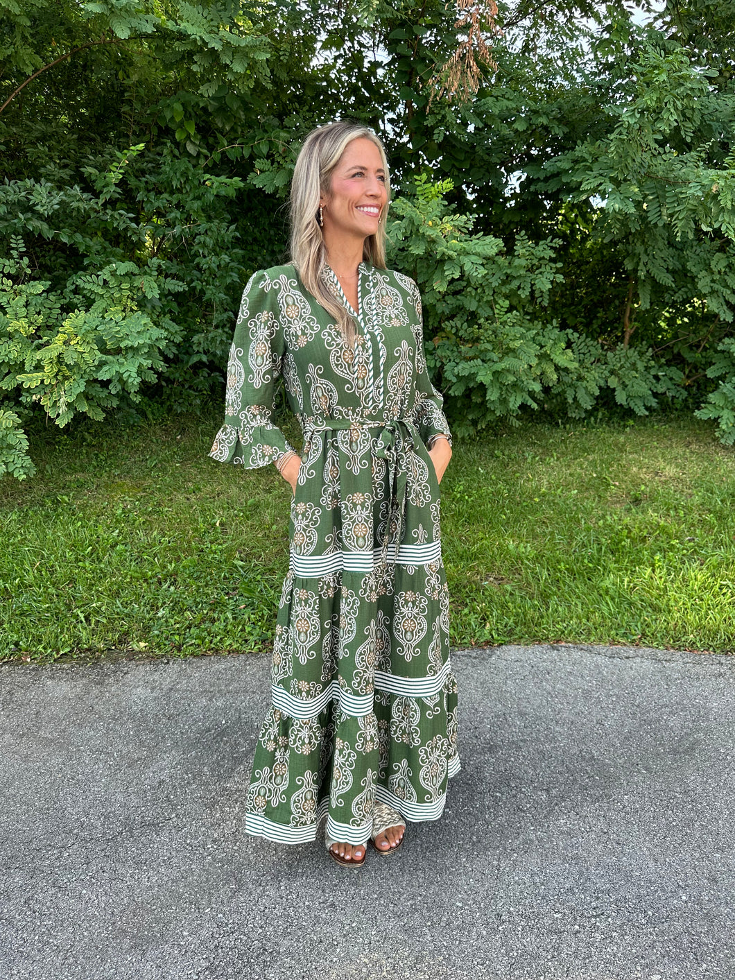 Olive Ruffled Bell Sleeve Woven Maxi Dress